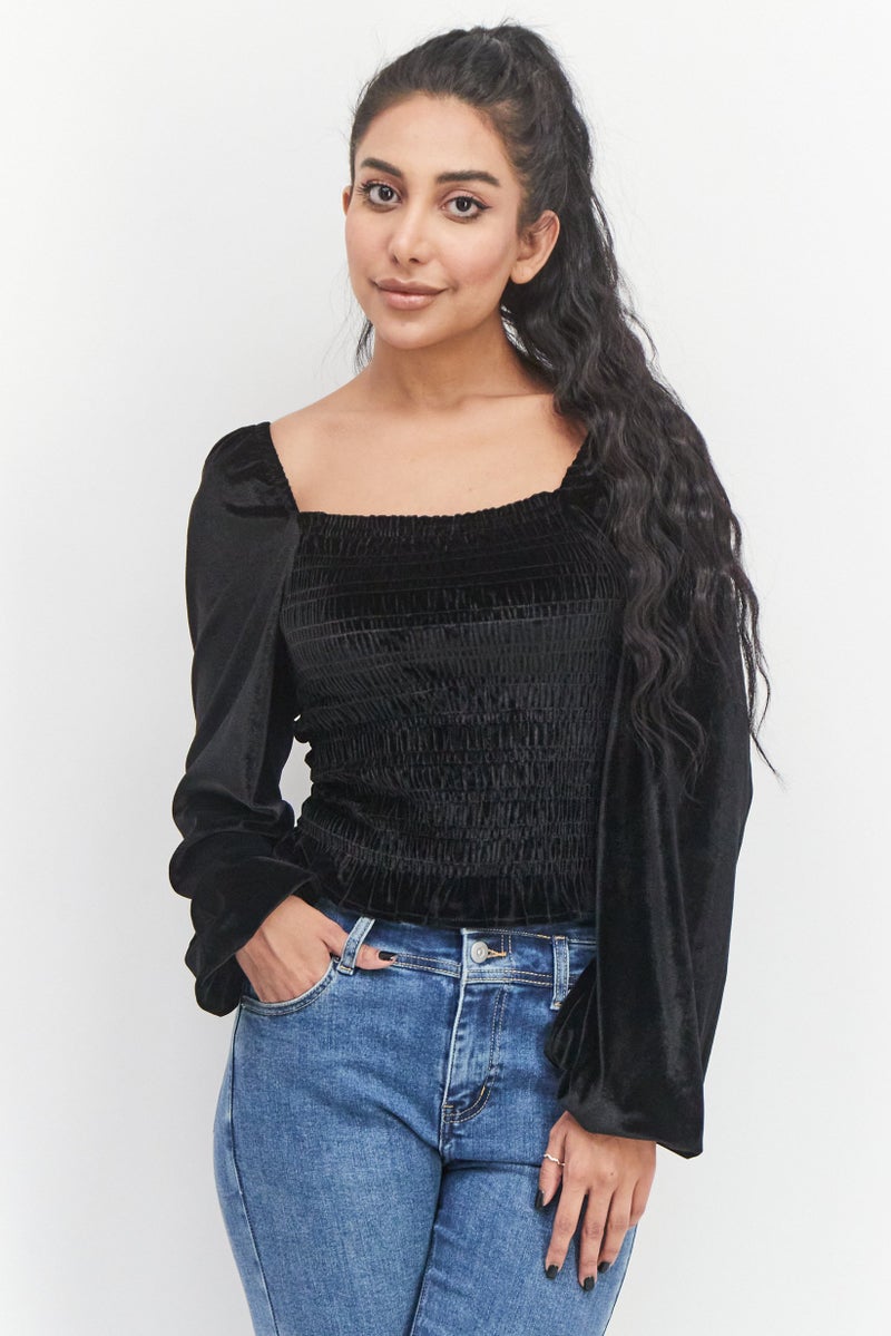 Bagatelle Women Square Neck Long Sleeve Velvet Top, Black - Image 1