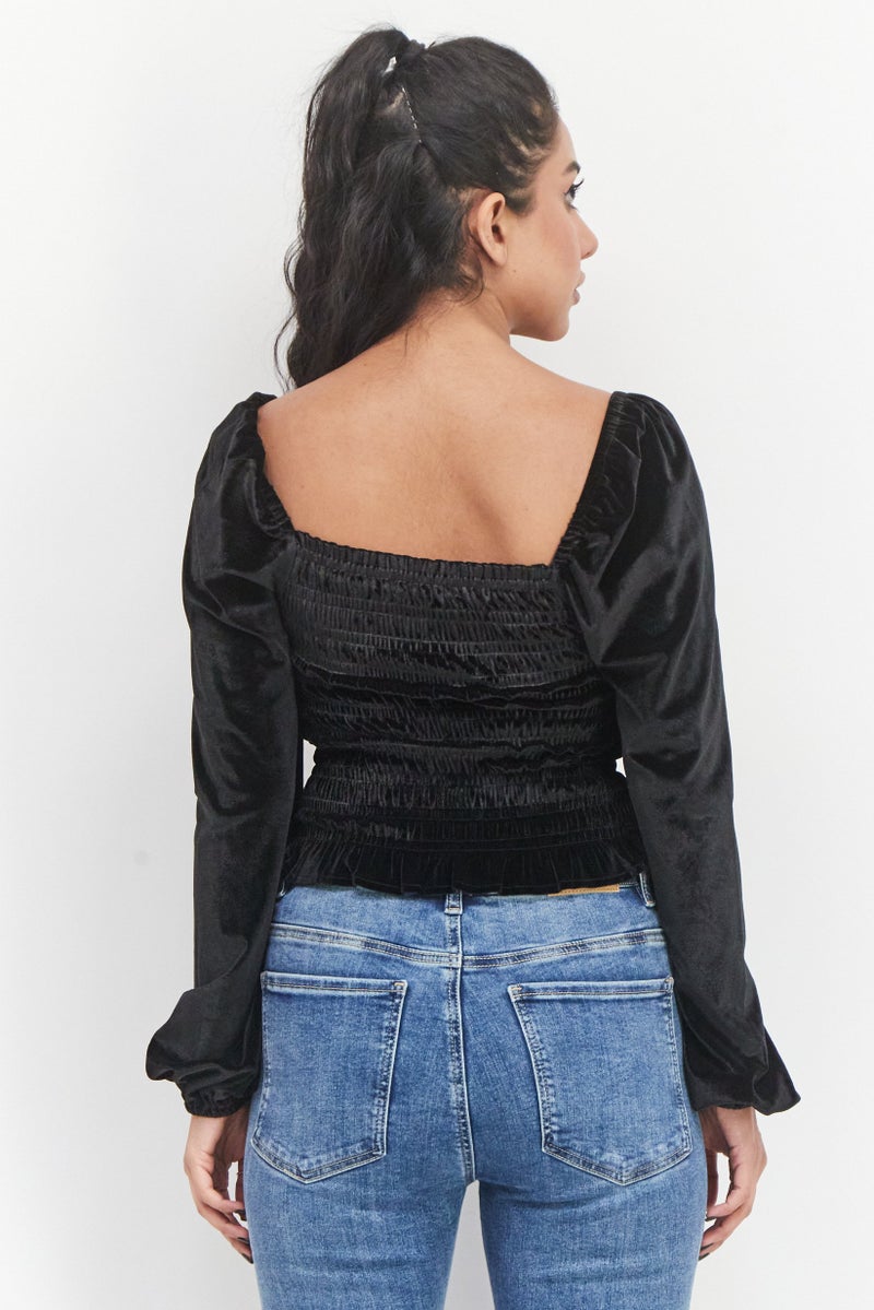 Bagatelle Women Square Neck Long Sleeve Velvet Top, Black - Image 3