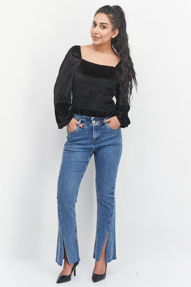 Bagatelle Women Square Neck Long Sleeve Velvet Top, Black - Image 4