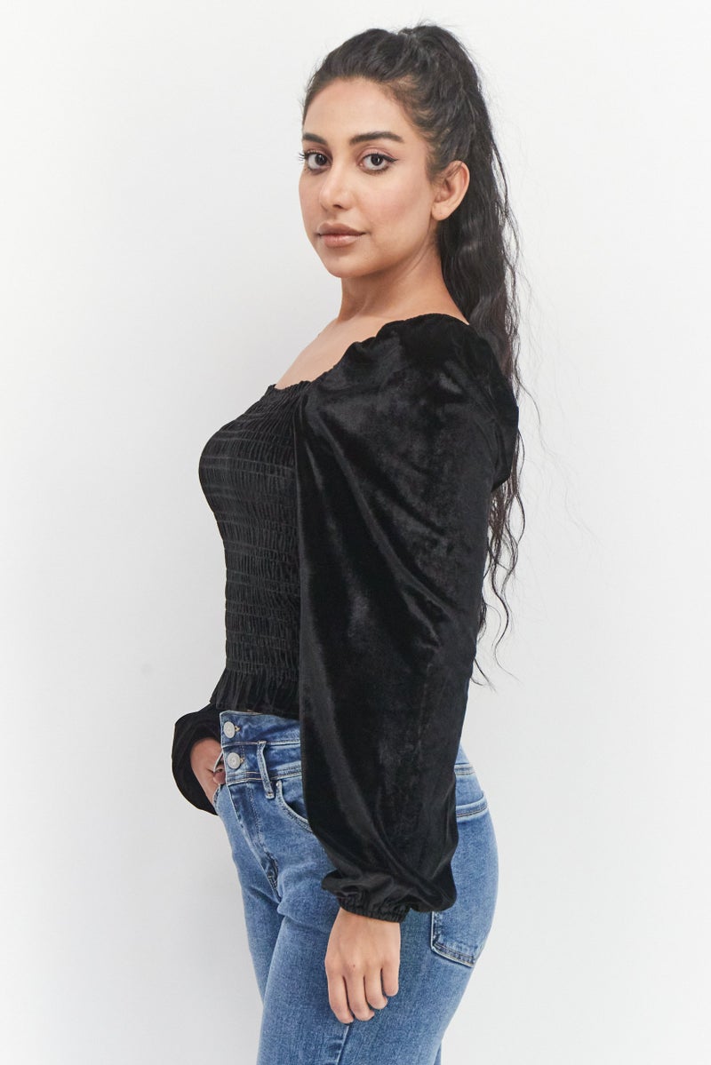 Bagatelle Women Square Neck Long Sleeve Velvet Top, Black - Image 2