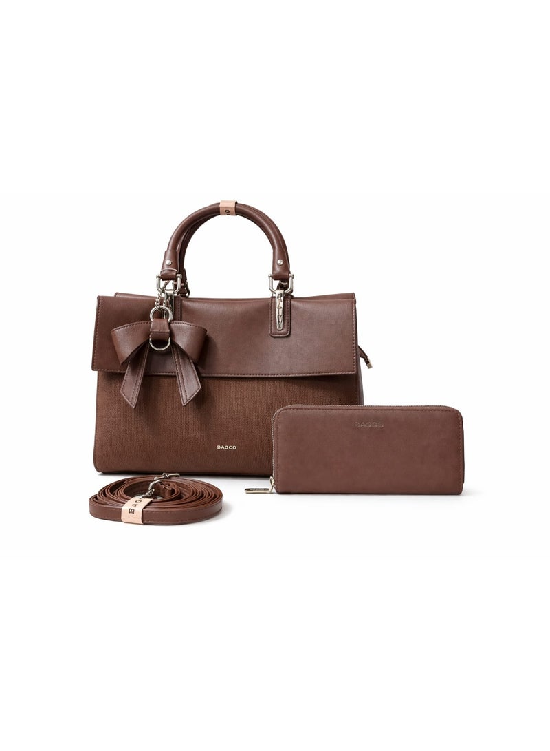BAGCO Elegant Women’s Brown Leather Handbag Set with Matching Wallet & Shoulder Strap - Image 1