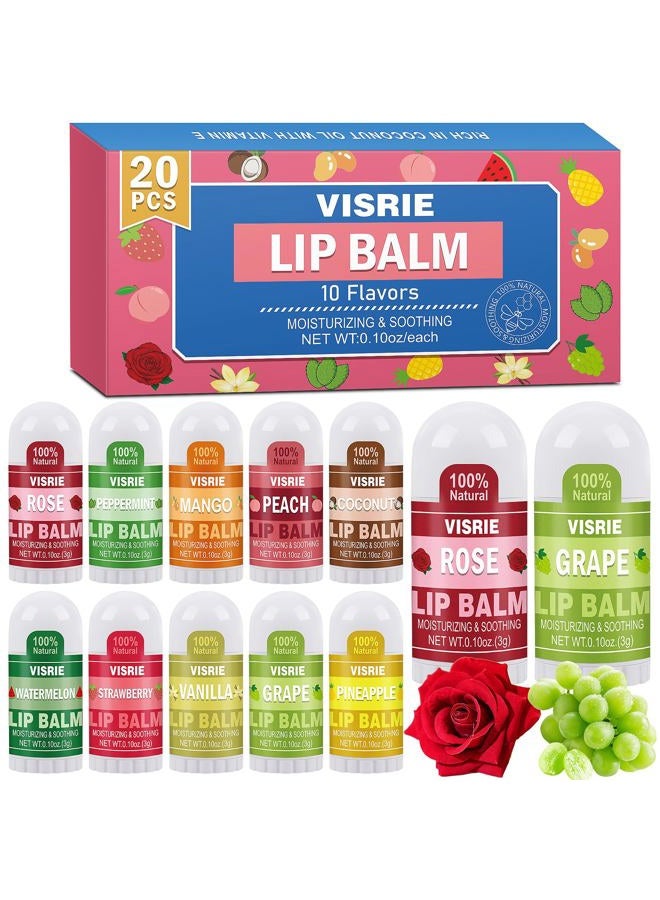 VISRIE Mini Lip Balm 20 Pack, Natural Lip Balms Bulk with Vitamin E and Coconut Oil, Moisturizing Lip Balm for Dry Cracked lips - 10 Flavors - Image 1