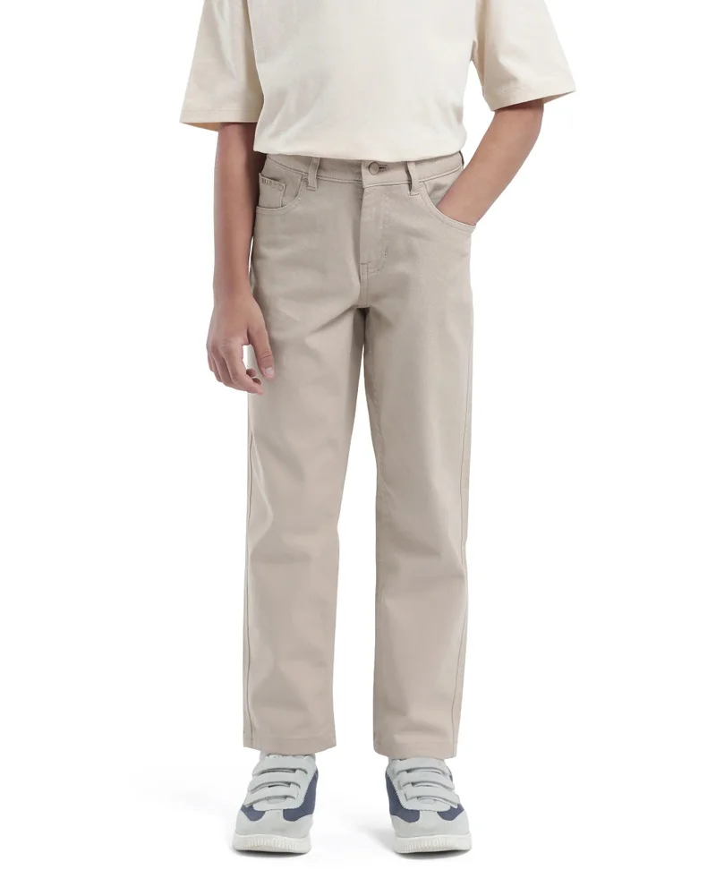 رير ونز Rare Ones Kids Spoke-K Beige Cotton Button & Zip Closure Solid Regular Fit Trouser