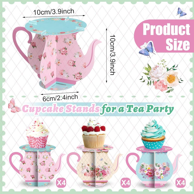 Rtteri 12 Pcs Tea Party Decorations Small Teapot Cupcake Stand Teapot Party Favors Vintage Tea Table Decorations Flower Cake Dessert Stand for Baby Shower Birthday Wedding Women Girl Supplies - Image 2