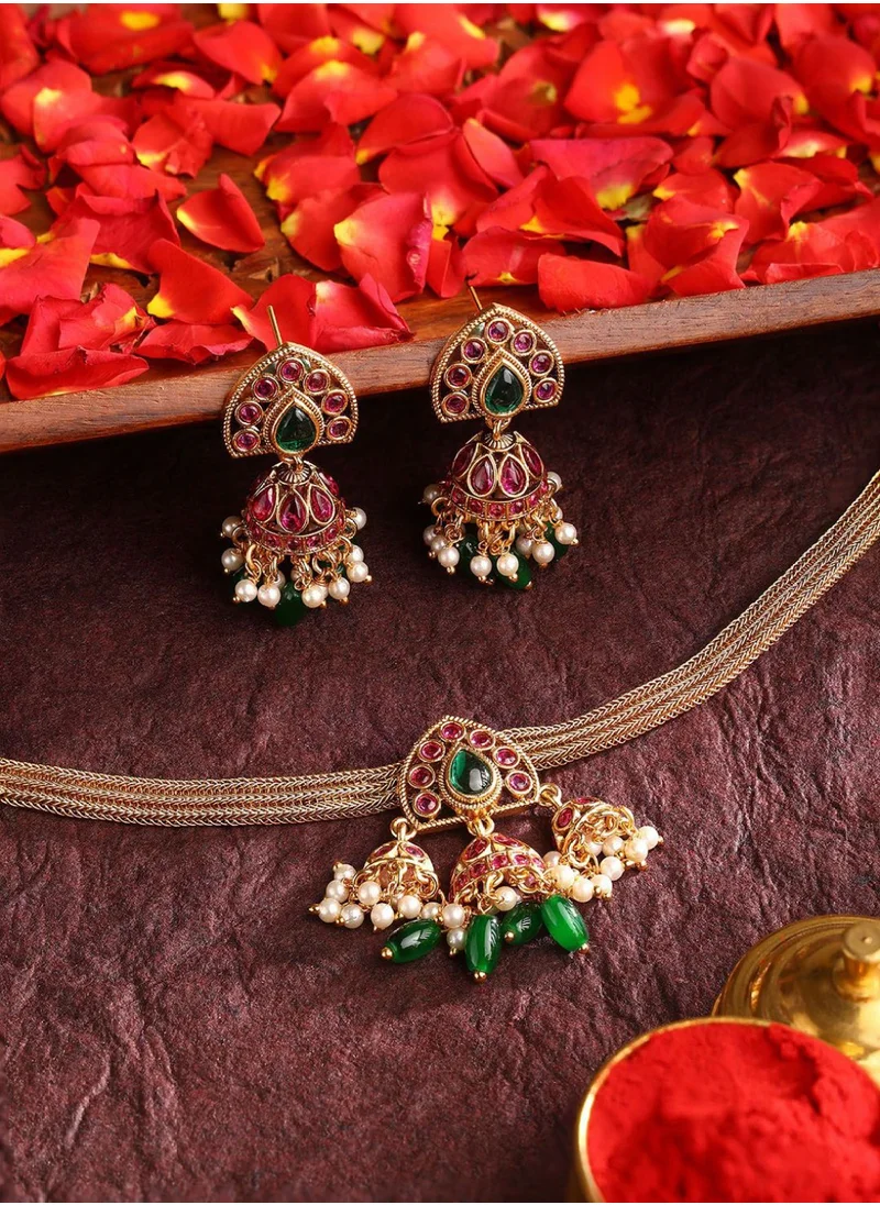 برياسي Plated Ruby Stone Studded  Beaded Attigai Jewellery Set