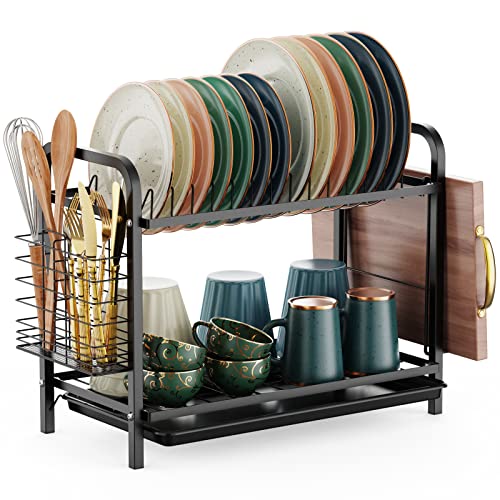 GSlife Dish Drying Rack, 2 Tier Rust-Resistant Dish Rack with Drainboard Compact Dish Drainer with Utensil Holder, Cutting Board Holder for Kitchen Counter, Black - Image 1