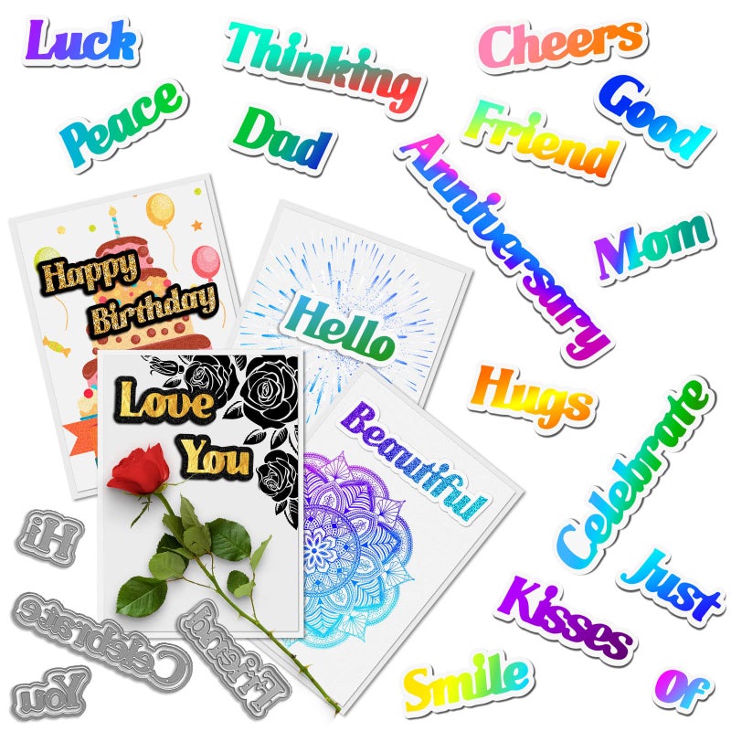 ORIGACH 27 Pieces Large Holiday Words Metal Die Cuts Shadow Words Cutting Dies Stencil Template for Anniversary Birthday Party DIY Craft Scrapbooking Card Making