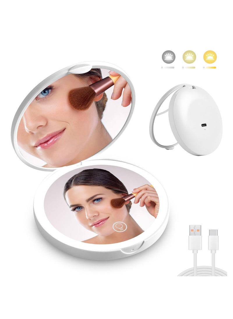 مرآة مكياج سفر مضيئة LED، قابلة للشحن، تكبير 1x/2x، مع ضوء، مرآة صغيرة قابلة للشحن عبر USB، مرآة مكياج محمولة وقابلة للتعتيم لحقيبة اليد والمحافظ والجيوب، هدايا للفتيات (أبيض)