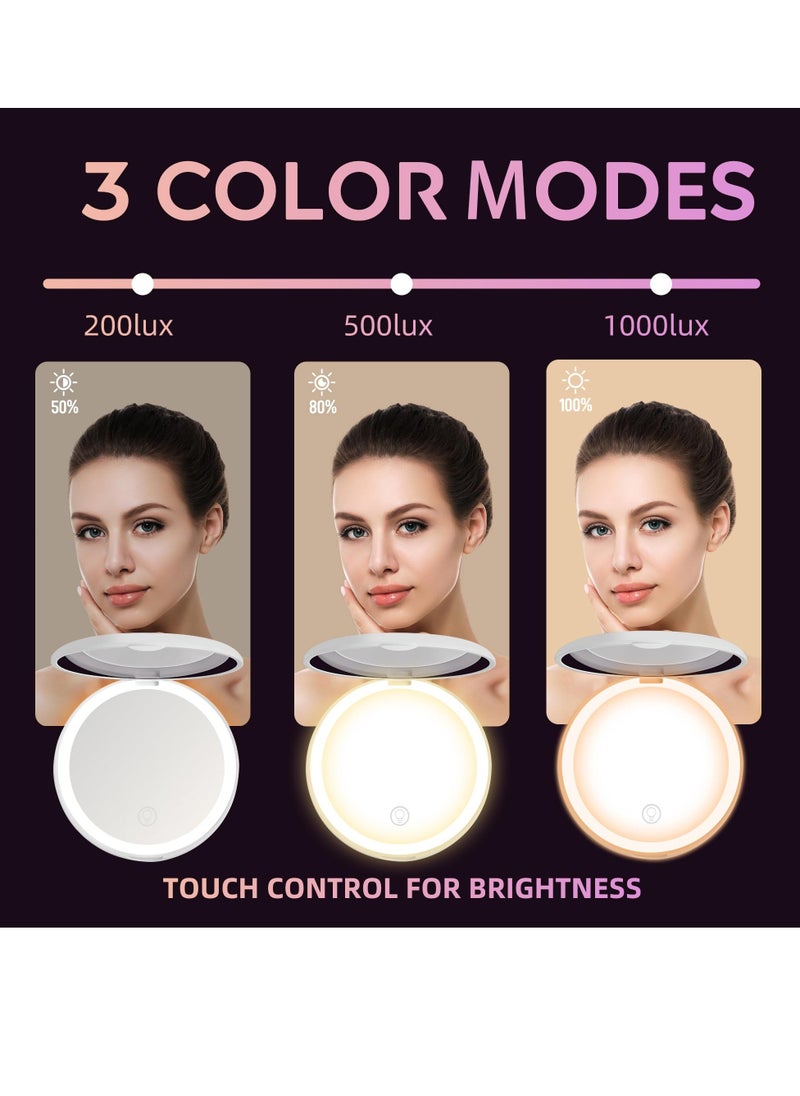 مرآة مكياج سفر مضيئة LED، قابلة للشحن، تكبير 1x/2x، مع ضوء، مرآة صغيرة قابلة للشحن عبر USB، مرآة مكياج محمولة وقابلة للتعتيم لحقيبة اليد والمحافظ والجيوب، هدايا للفتيات (أبيض)