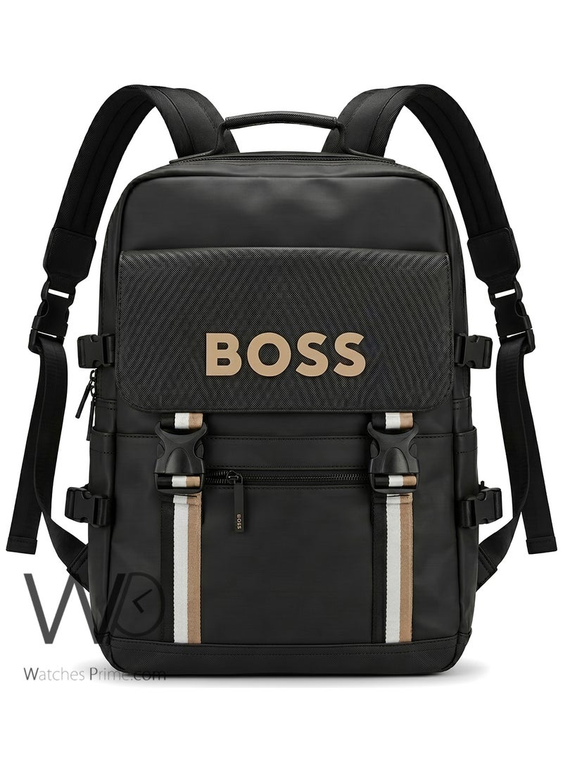 BOSS Men's Matte Black Technical Laptop Backpack with Tricolor Stripes