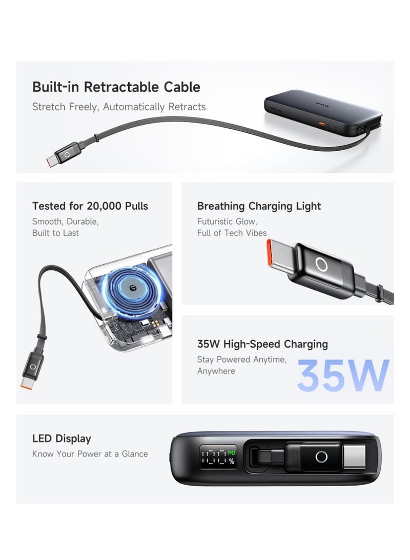 McDodo Power Bank with Built-in Cable, 10000mAh, 35W PD Fast Charging, Retractable USB-C Cable, LED Display, No Loose Cables, Portable Charger, Black, MC-0730 - Image 3