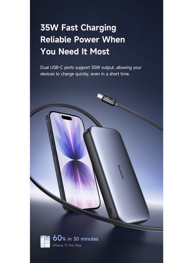 McDodo Power Bank with Built-in Cable, 10000mAh, 35W PD Fast Charging, Retractable USB-C Cable, LED Display, No Loose Cables, Portable Charger, Black, MC-0730 - Image 5
