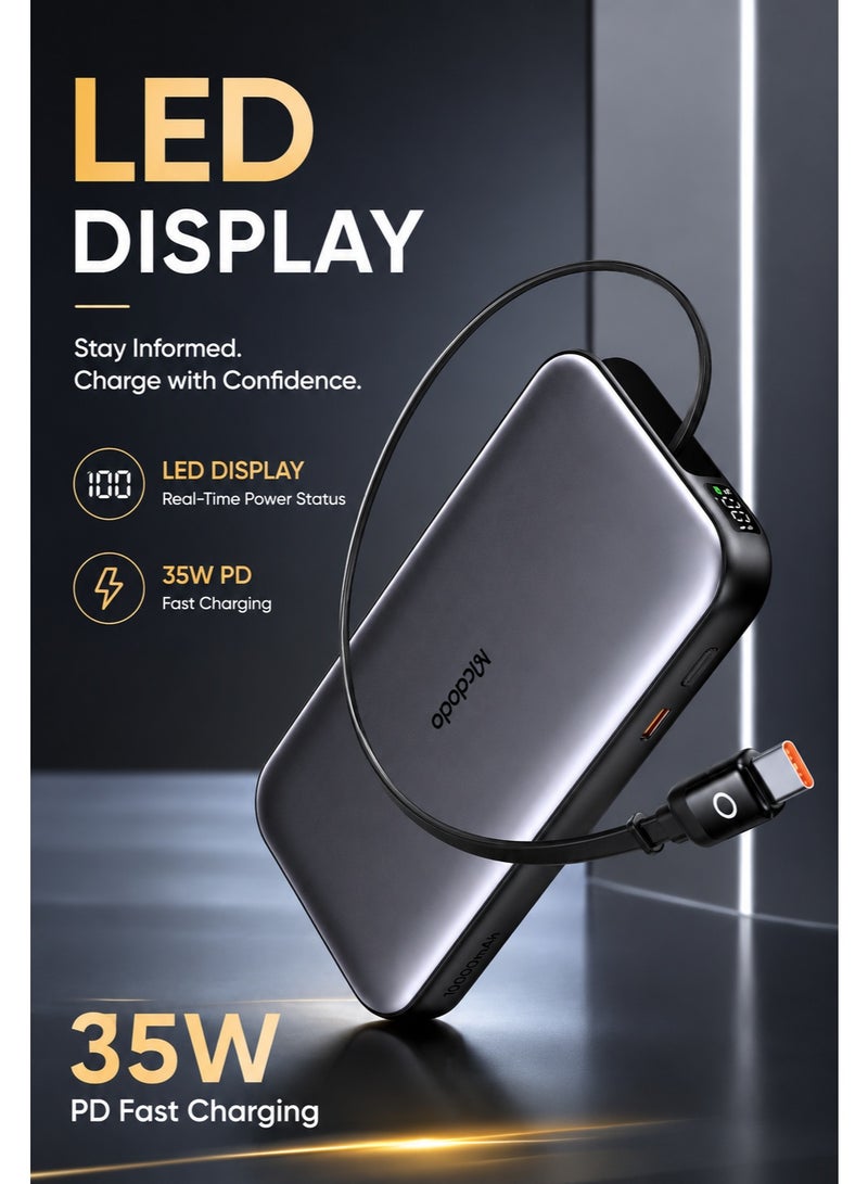 مكدودو McDodo بنك طاقة مع كابل مدمج، 10000mAh، شحن سريع 35W PD، كابل USB-C قابل للسحب، شاشة LED، بدون كابلات منفصلة، أسود، MC-0730 - Image 1