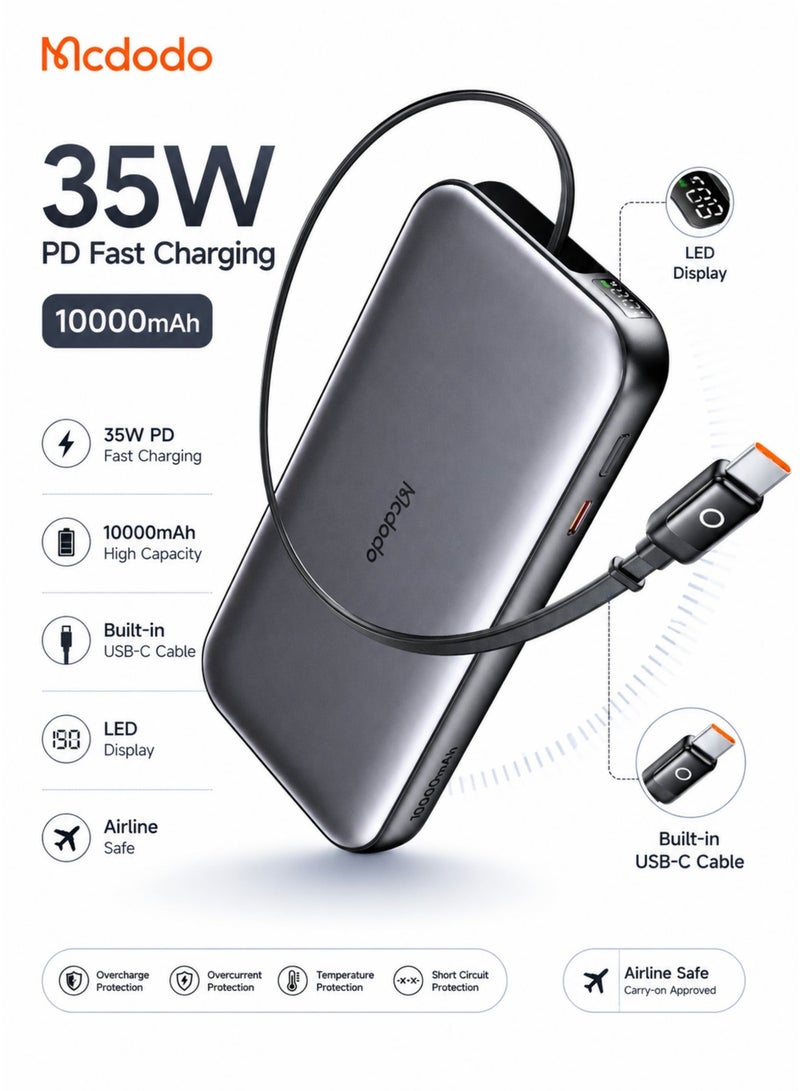 McDodo Power Bank with Built-in Cable, 10000mAh, 35W PD Fast Charging, Retractable USB-C Cable, LED Display, No Loose Cables, Portable Charger, Black, MC-0730 - Image 1
