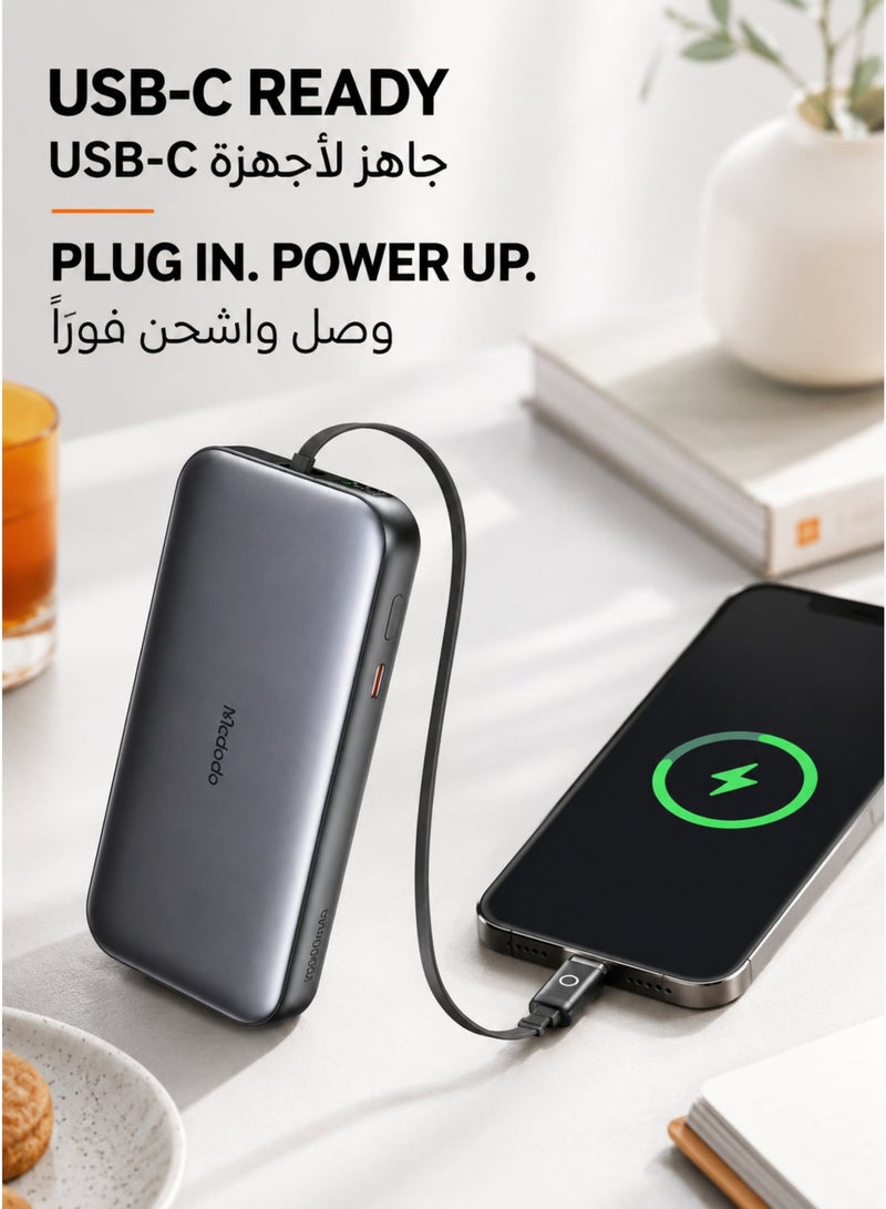 McDodo Power Bank with Built-in Cable, 10000mAh, 35W PD Fast Charging, Retractable USB-C Cable, LED Display, No Loose Cables, Portable Charger, Black, MC-0730 - Image 5