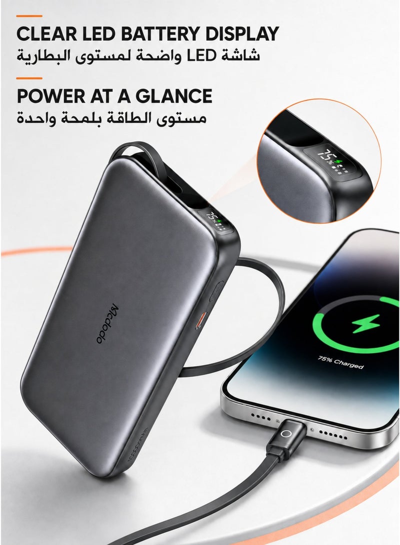 McDodo Power Bank with Built-in Cable, 10000mAh, 35W PD Fast Charging, Retractable USB-C Cable, LED Display, No Loose Cables, Portable Charger, Black, MC-0730 - Image 4