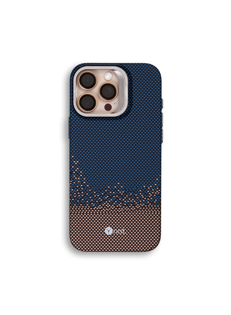 YNOT iPhone 16 Plus Kevlar Fiber Case with MagSafe and Stand - Blue & Brown - Image 1