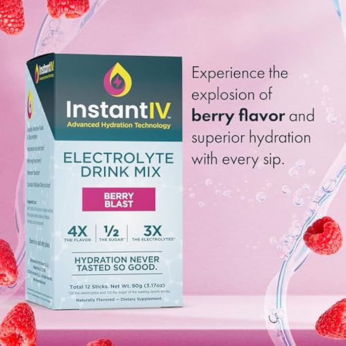 Instant IV Electrolytes Powder - 3X Electrolytes,1/2 Sugar with Vitamin C, B3, B6, Electrolytes Powder Packets for Hydration, Recovery & Immunity, Vegan & Gluten Free | Berry Blast - 12 Packets - Image 3
