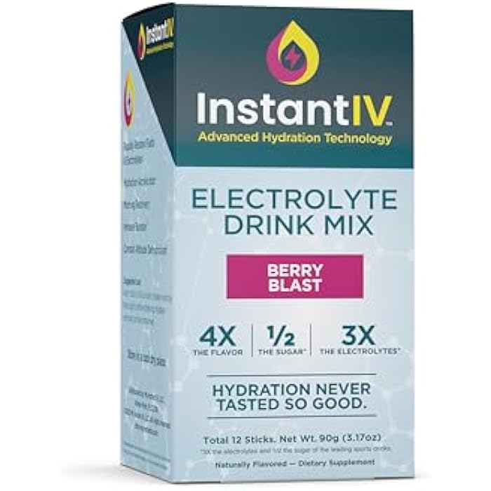 Instant IV Electrolytes Powder - 3X Electrolytes,1/2 Sugar with Vitamin C, B3, B6, Electrolytes Powder Packets for Hydration, Recovery & Immunity, Vegan & Gluten Free | Berry Blast - 12 Packets - Image 1