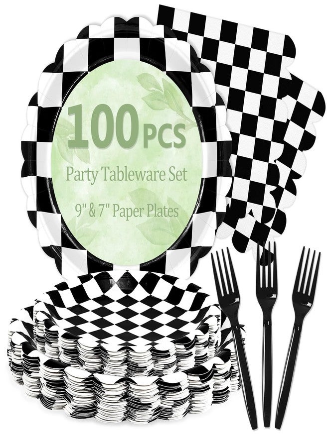 Mulbozy 100 Black Checkered Plates and Napkins Disposable Set Includes 25-9" & 25-7" Dessert Cake Scalloped Plates, Cocktail Napkins, Forks for for Holiday Party Supplies - Image 1
