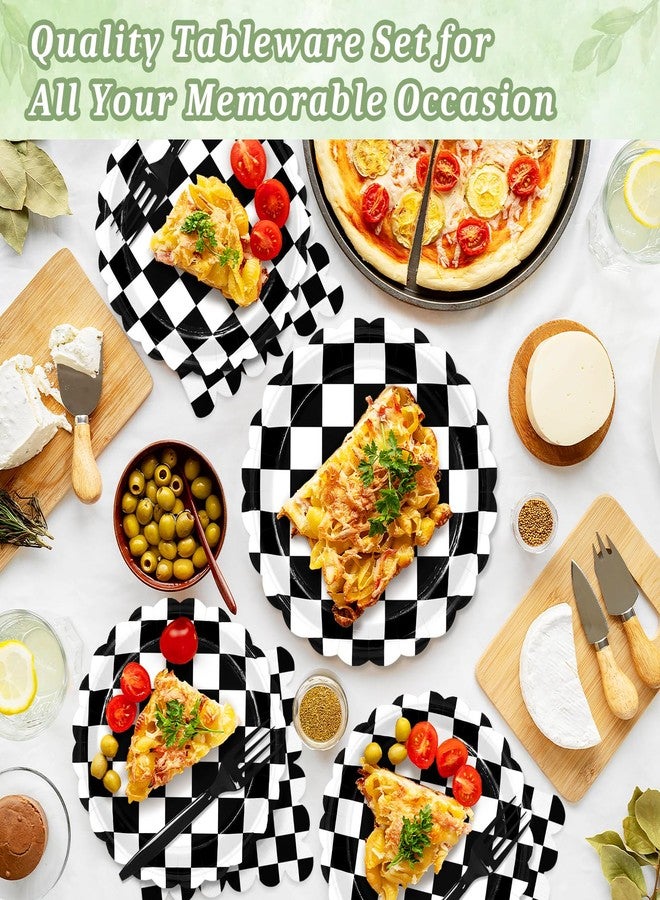 Mulbozy 100 Black Checkered Plates and Napkins Disposable Set Includes 25-9" & 25-7" Dessert Cake Scalloped Plates, Cocktail Napkins, Forks for for Holiday Party Supplies - Image 3