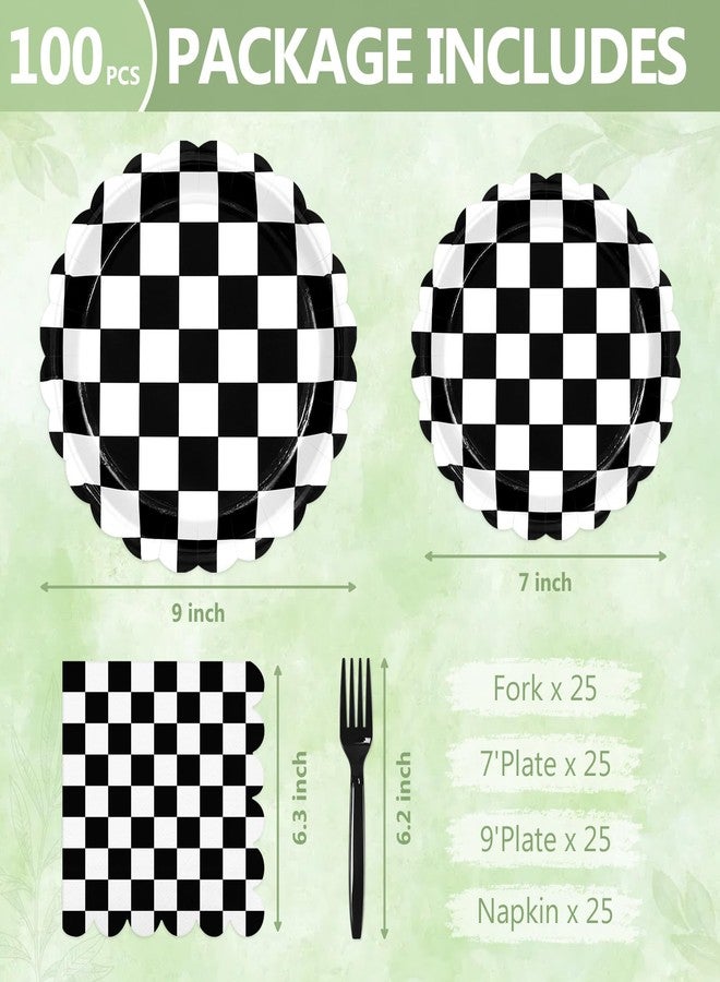 Mulbozy 100 Black Checkered Plates and Napkins Disposable Set Includes 25-9" & 25-7" Dessert Cake Scalloped Plates, Cocktail Napkins, Forks for for Holiday Party Supplies - Image 2