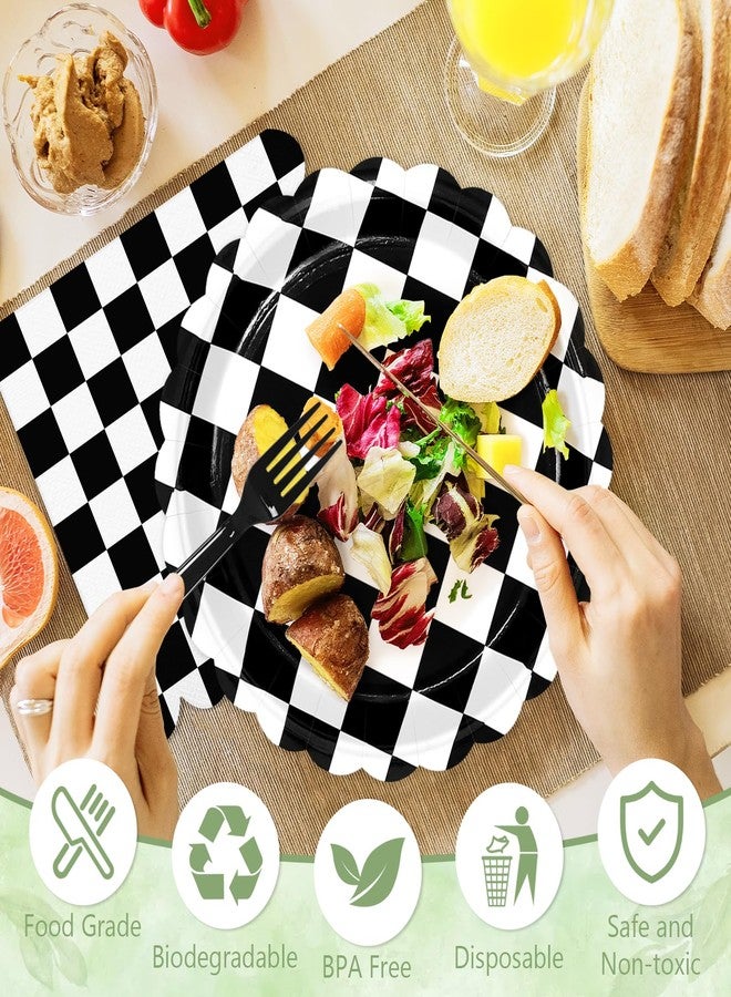 Mulbozy 100 Black Checkered Plates and Napkins Disposable Set Includes 25-9" & 25-7" Dessert Cake Scalloped Plates, Cocktail Napkins, Forks for for Holiday Party Supplies - Image 4