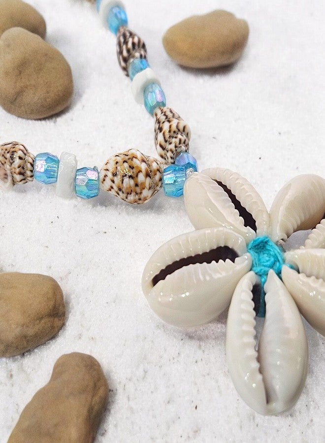 BlueRica Cowrie Shells Flower on Tiger Nassa & Puka Shell Beads Necklace (BL) - Image 3