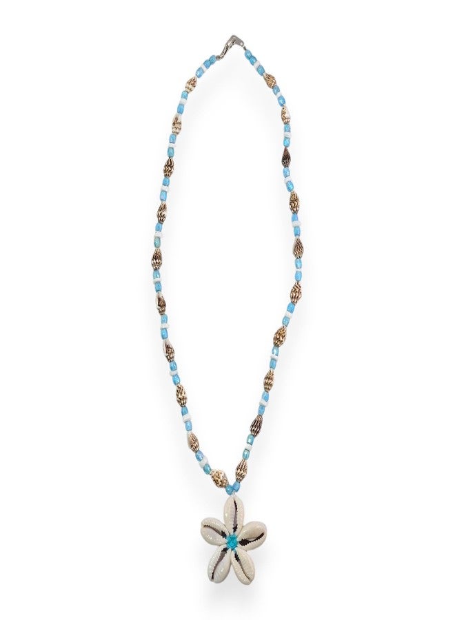 BlueRica Cowrie Shells Flower on Tiger Nassa & Puka Shell Beads Necklace (BL) - Image 1