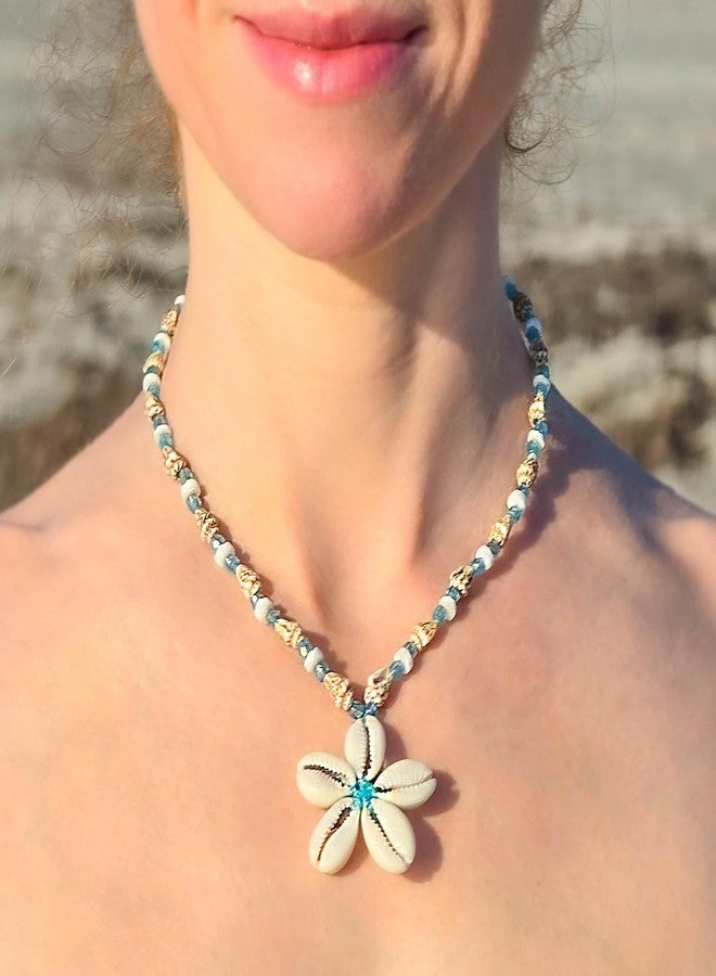 BlueRica Cowrie Shells Flower on Tiger Nassa & Puka Shell Beads Necklace (BL) - Image 2