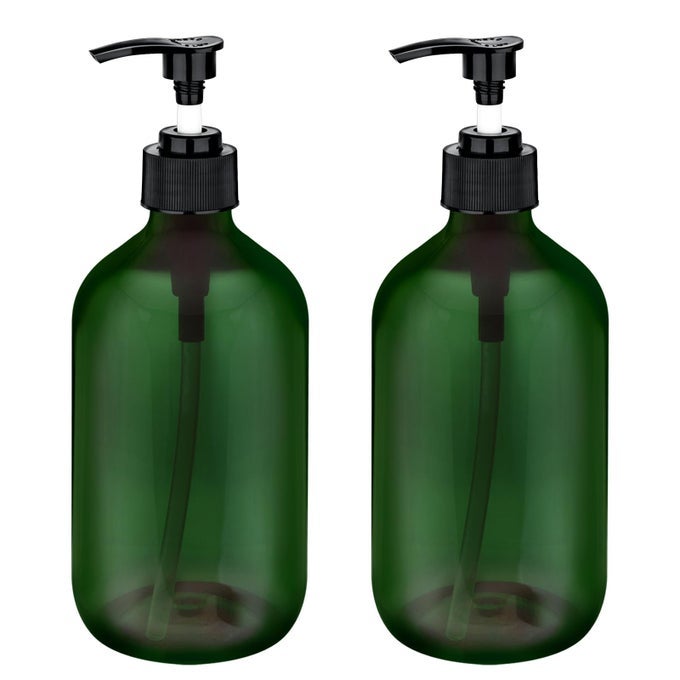 2 PACK PUMP BOTTLES DISPENSER 169 OZ 500ML BATHROOM COUNTERTOP PUMP DISPENSERS REFILLABLE PLASTIC CONTAINERS FOR LOTION SHAMPOO BODY WASH HAND DISH SOAP KITCHEN ACCESSORIES WITH WATERPROOF LABELS