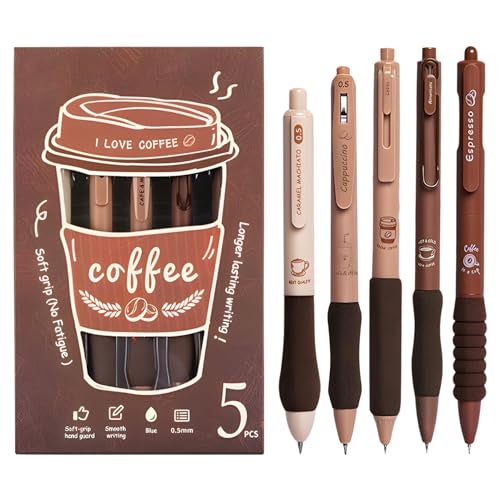 WISHKEY Coffee Theme Kawaii Japanese Stationery Items - 0.5mm Retractable Blue Ink Gel Pens Set of 5, Cute Pen for School, College Teenagers, Aesthetic Office Use - Image 1