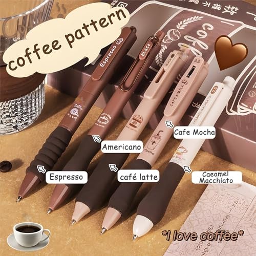 WISHKEY Coffee Theme Kawaii Japanese Stationery Items - 0.5mm Retractable Blue Ink Gel Pens Set of 5, Cute Pen for School, College Teenagers, Aesthetic Office Use - Image 4
