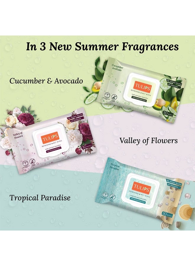 Tulips Refreshing/Makeup Remover Wet Wipes made with Plant based fibre, LID Pack (Tropical Paradise) (Pack of 3, 30 wipes each) - Image 4