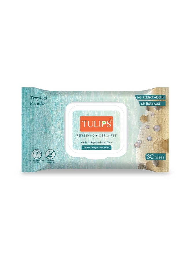 Tulips Refreshing/Makeup Remover Wet Wipes made with Plant based fibre, LID Pack (Tropical Paradise) (Pack of 3, 30 wipes each) - Image 2