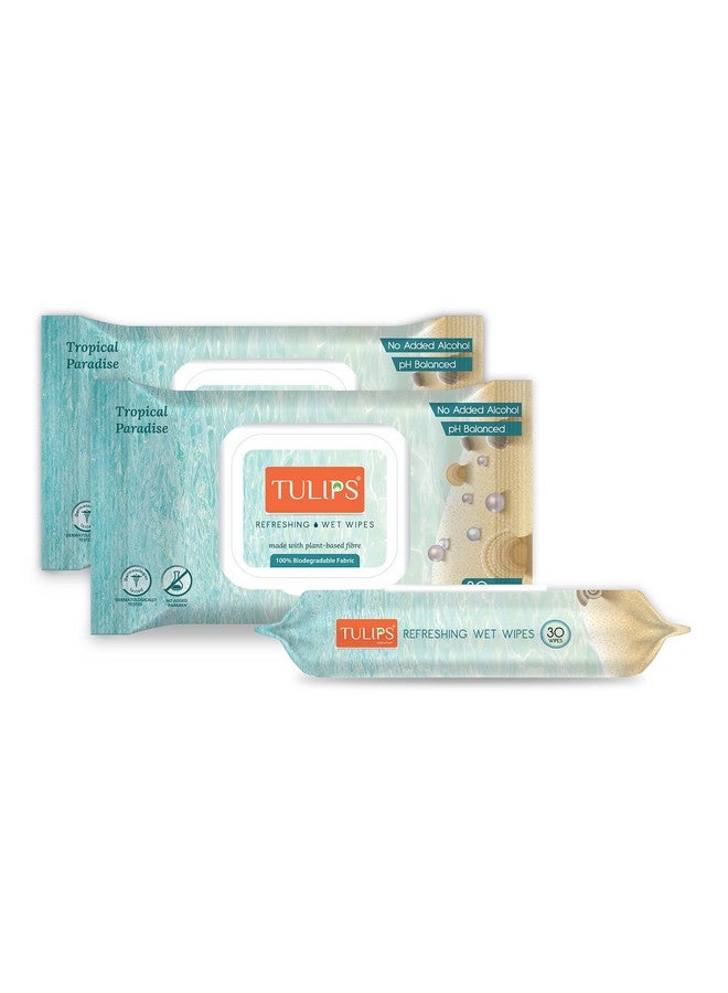 Tulips Refreshing/Makeup Remover Wet Wipes made with Plant based fibre, LID Pack (Tropical Paradise) (Pack of 3, 30 wipes each) - Image 1