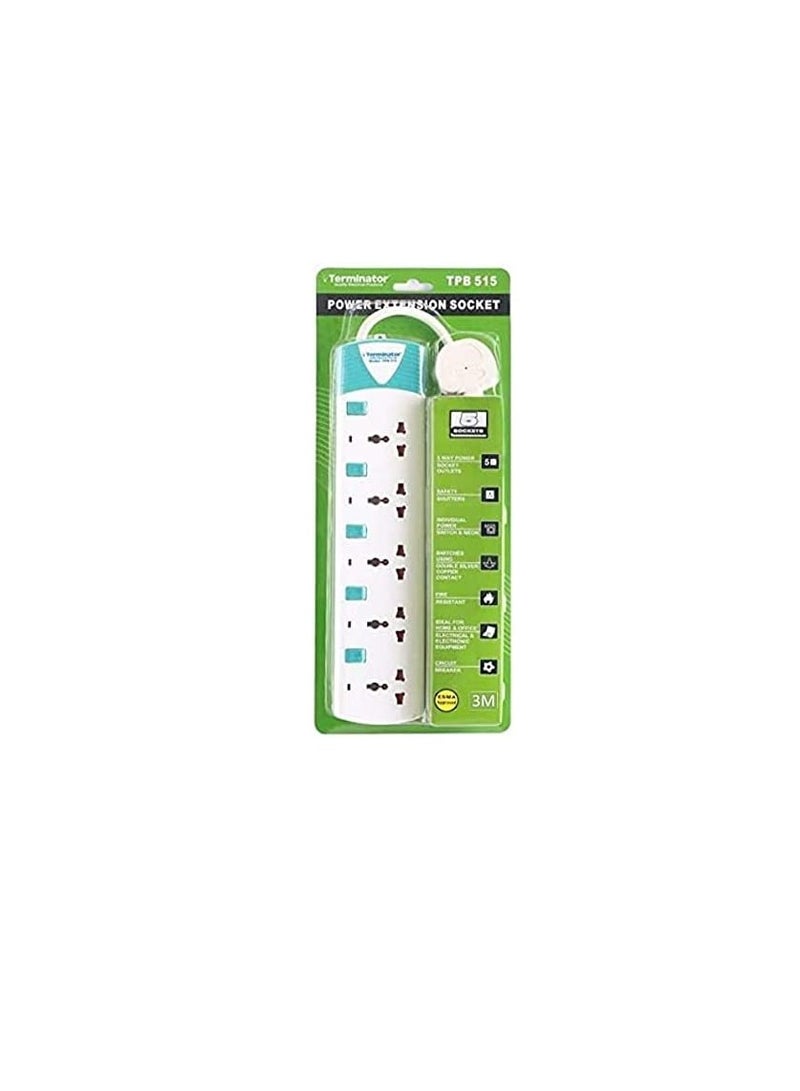 Terminator 3-meter 5-way power extension socket with single power switches and safety shutters TPB515  - Image 3