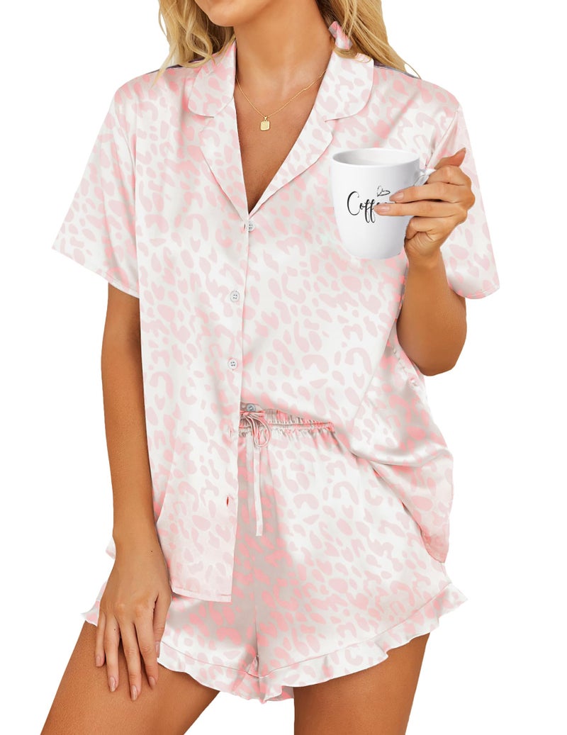 HOTOUCH Womens Silky Satin Pajamas Set Short Sleeve Sleepwear Two Piece With Ruffle Trim Pink Leopard, Medium - Image 1