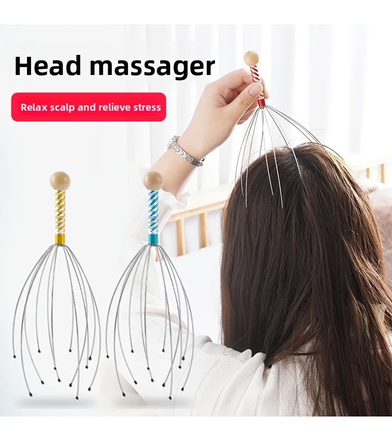 1 Pc Acupressure Scalp And Neck Massage Tool Relax Tension Soother With Metal Bristles Wooden Handle Random Color - Image 1