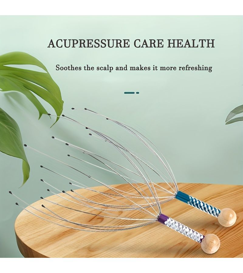 1 Pc Acupressure Scalp And Neck Massage Tool Relax Tension Soother With Metal Bristles Wooden Handle Random Color - Image 3