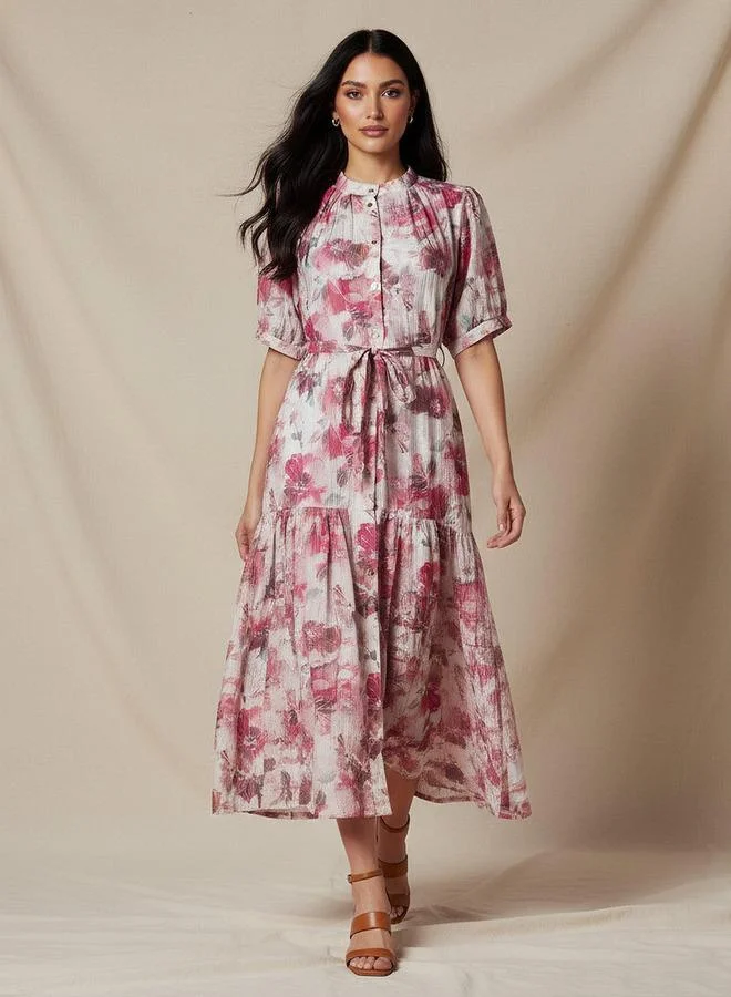 سبلاش فيڤ Tiered Midi Viscose Belted Dress with Abstract Print