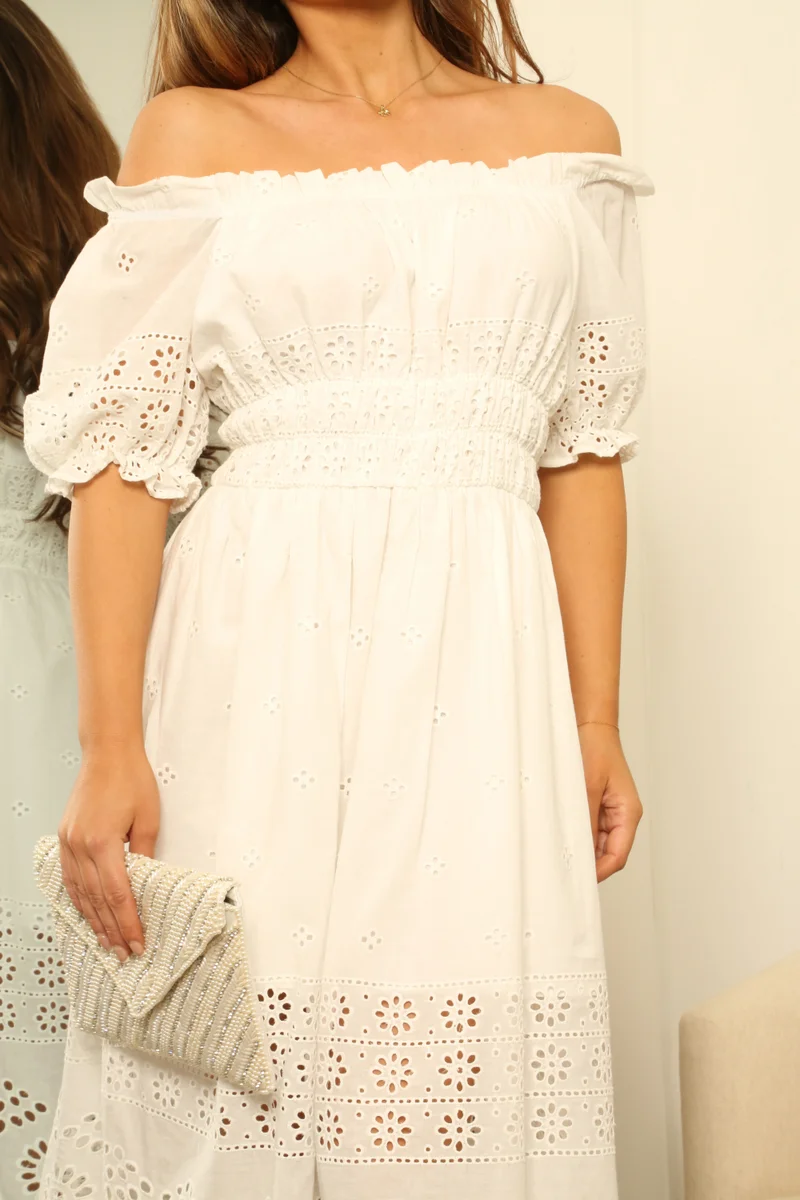 Double Second white Broderie Lace Bardot Midi Dress for Women | Best Price UAE