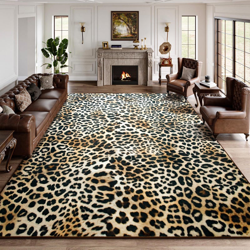 DweIke Leopard Print Rug for Living Room, Machine Washable 4x6 Cheetah Area Rugs for Bedroom, Non-Slip Low Pile Animal Hide Carpet with Rubber Backing for Dining Room Kitchen Home Decor,White Brown - Image 1