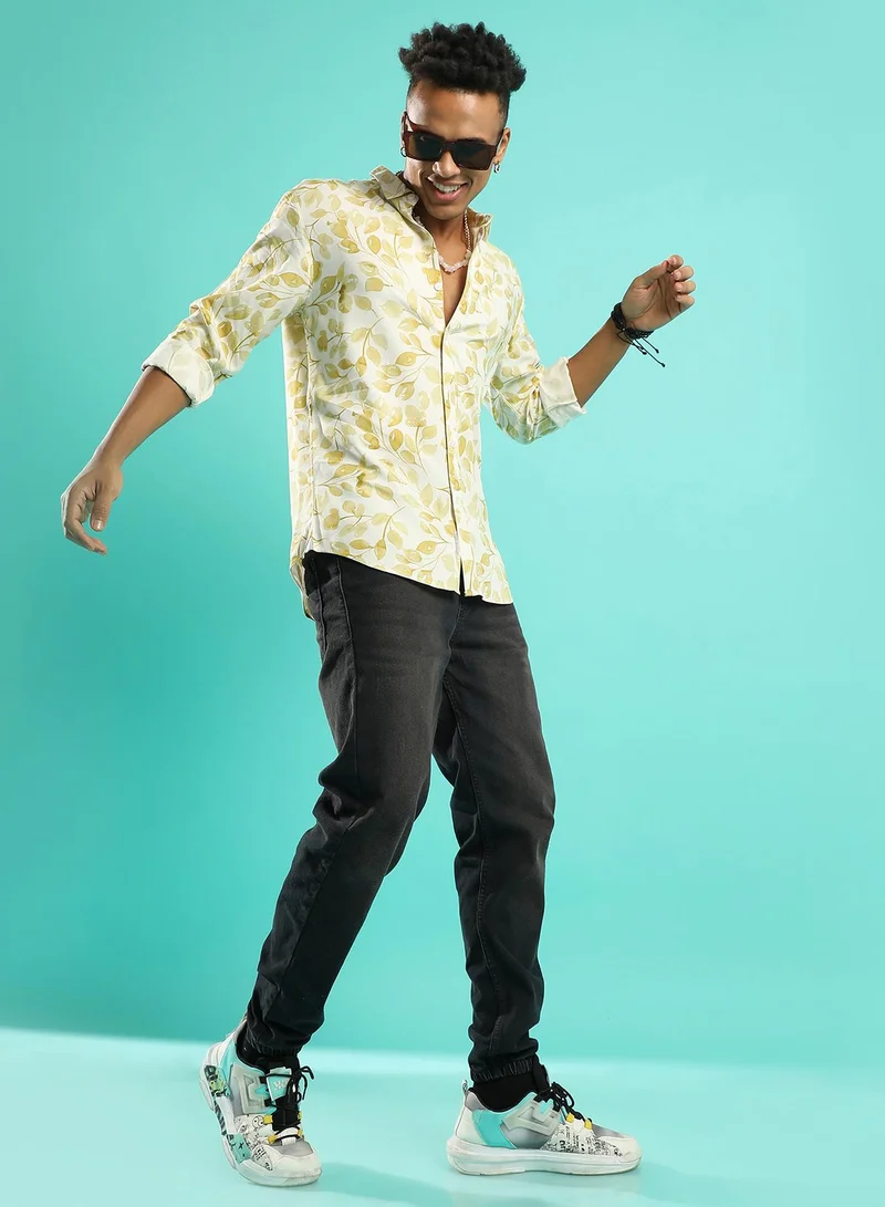 Campus Sutra Men's Artistic Foliage Print Button Up Shirt