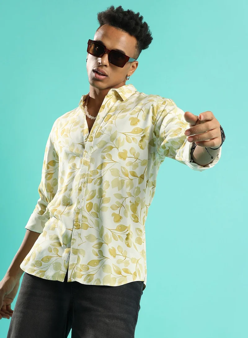Campus Sutra Men's Artistic Foliage Print Button Up Shirt