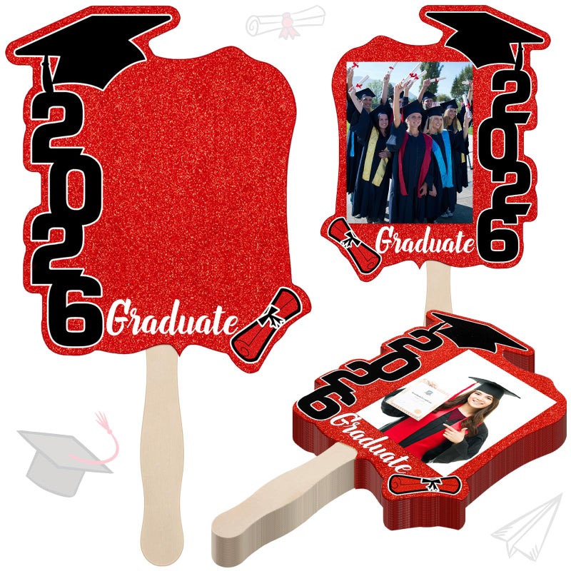 Gilprop 24 Pcs Graduation Cutout Face Fans with Handle Double Sided Personalized Grad Party Supplies Class of 2026 Grad Photo Props Blank DIY Photo Frame Graduation Party SouvenirsClassicRed - Image 2