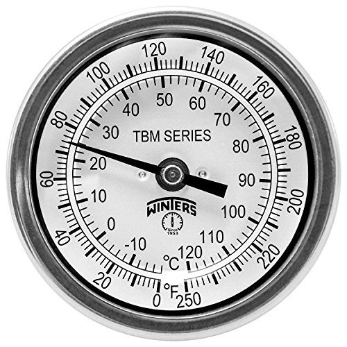 Winters Instruments Winters TBM Series Stainless Steel 304 Dual Scale Bi-Metal Thermometer, 2-1/2" Stem, 1/2" NPT Fixed Center Back Mount Connection, 3" Dial, 0-250 F/C Range - Image 1