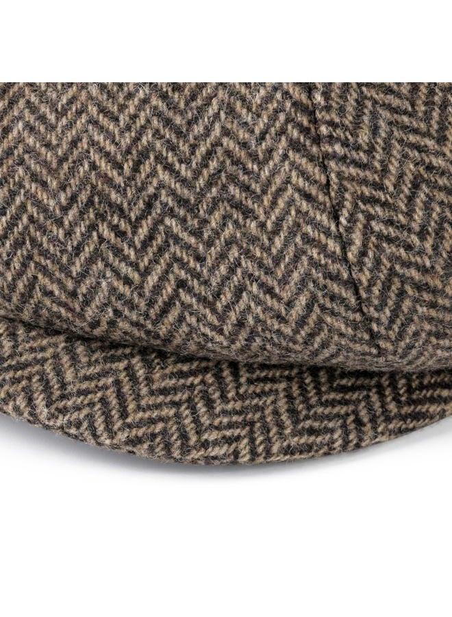 FEINION Men's Wool Newsboy Cap 8 Panel Ivy Tweed Cabbie Flat Hat Baker Boy Cap, Herringbone Khaki, 7 5/8 - Image 4