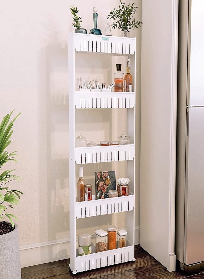 FLIPZON Slim Rolling Storage Rack – 5-Tiered Shelf Plastic Slide-Out Organizer | Space-Saving, Multipurpose | for Kitchen, Bathroom, Laundry, Pantry & Utility Storage | Floor Standing | White - Image 1