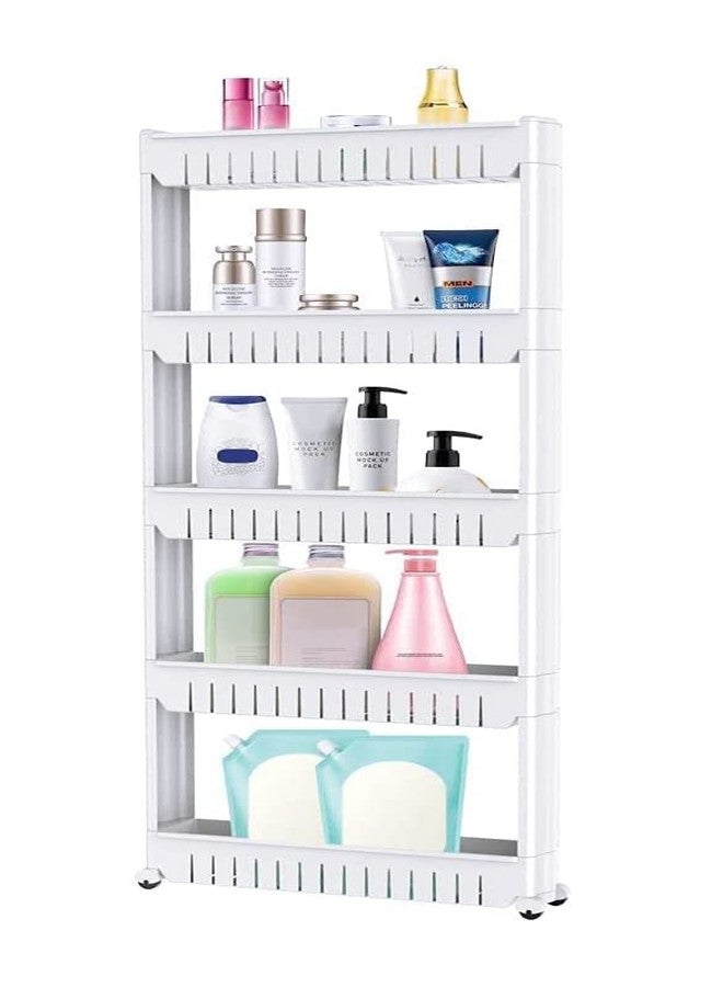 FLIPZON Slim Rolling Storage Rack – 5-Tiered Shelf Plastic Slide-Out Organizer | Space-Saving, Multipurpose | for Kitchen, Bathroom, Laundry, Pantry & Utility Storage | Floor Standing | White - Image 4